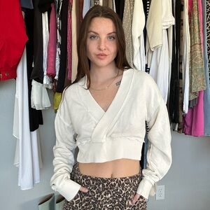 American Eagle Cream Wrap-Front Cropped Sweater